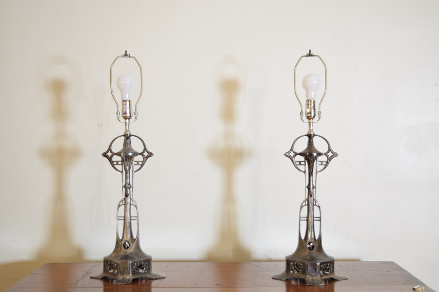 Pair of Silvered Metal Table Lamps