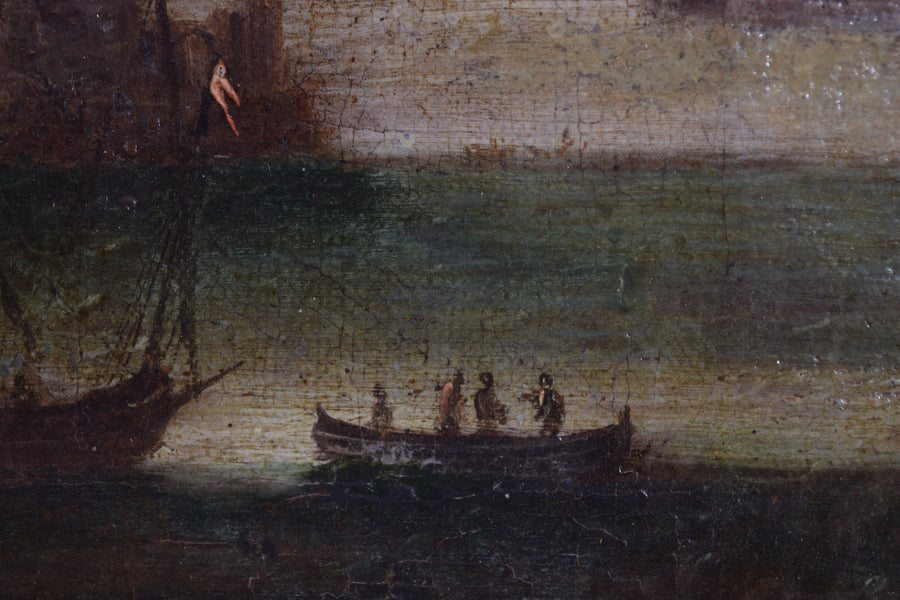 Oil on Canvas, Harbor with Galleon and Tower
