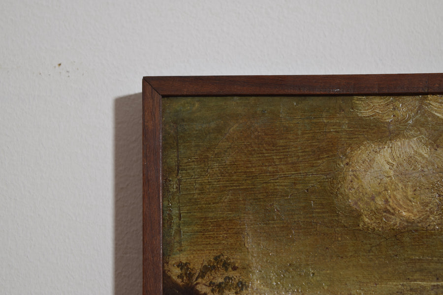 Oil on Canvas, Harbor with Galleon and Tower
