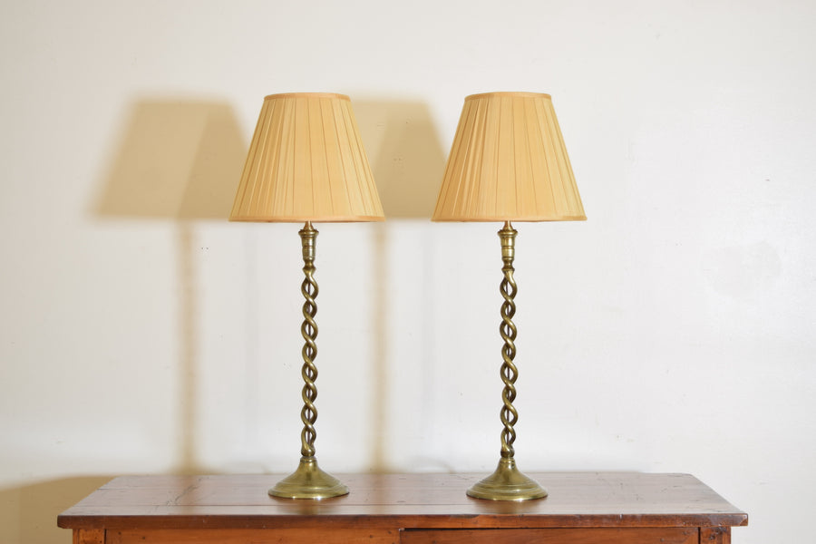 Pair of Spiral Cast Brass Candlesticks as Lamps