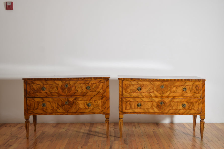 Pair of Boldly Veneered 2-Drawer Commodes