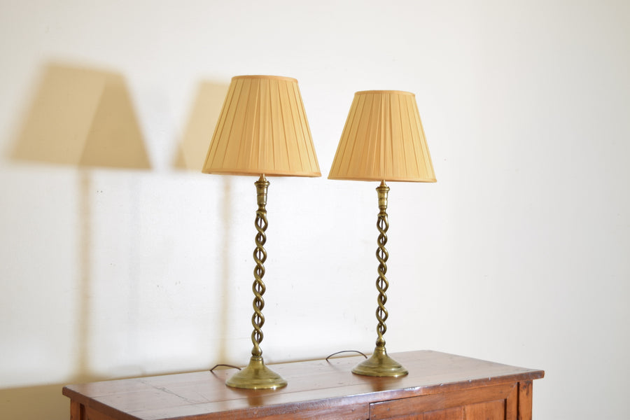 Pair of Spiral Cast Brass Candlesticks as Lamps