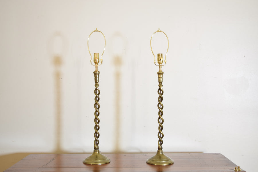 Pair of Spiral Cast Brass Candlesticks as Lamps