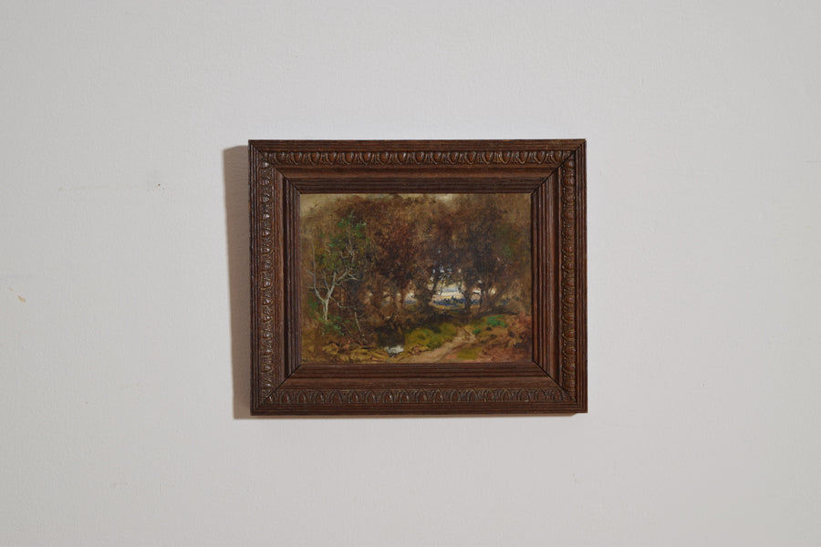 Oil on Canvas, Woodland Path with Village in Distance
