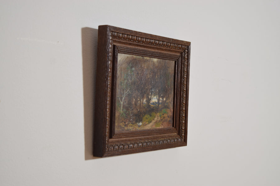 Oil on Canvas, Woodland Path with Village in Distance