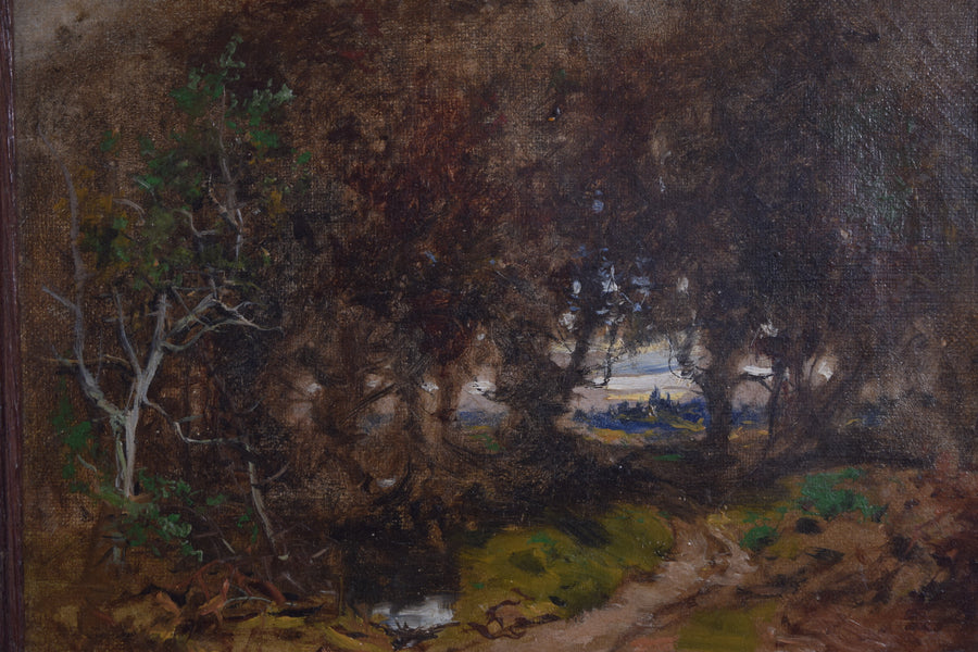 Oil on Canvas, Woodland Path with Village in Distance