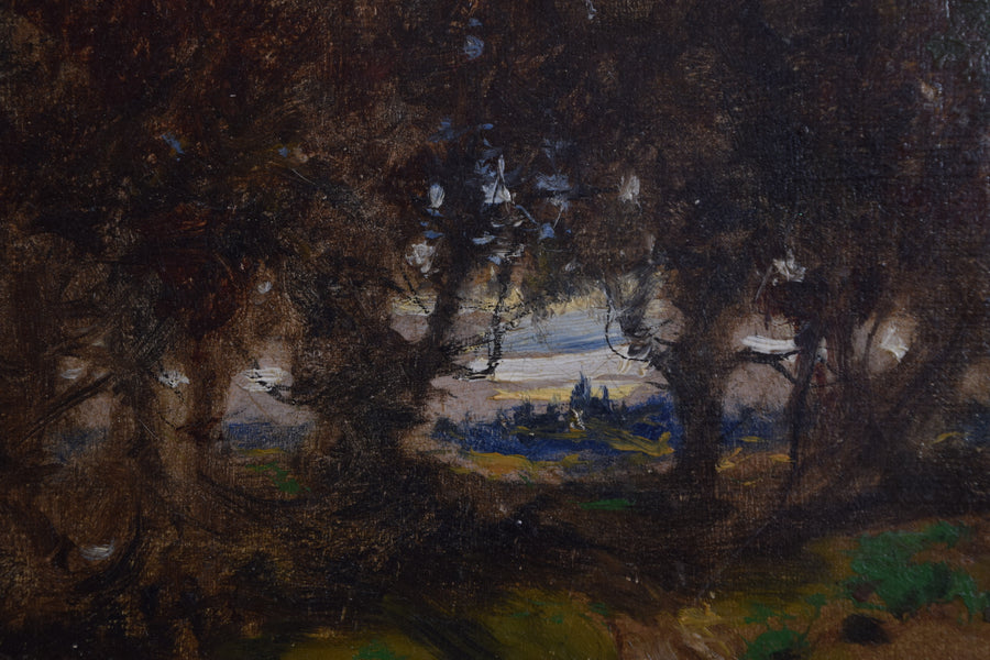 Oil on Canvas, Woodland Path with Village in Distance