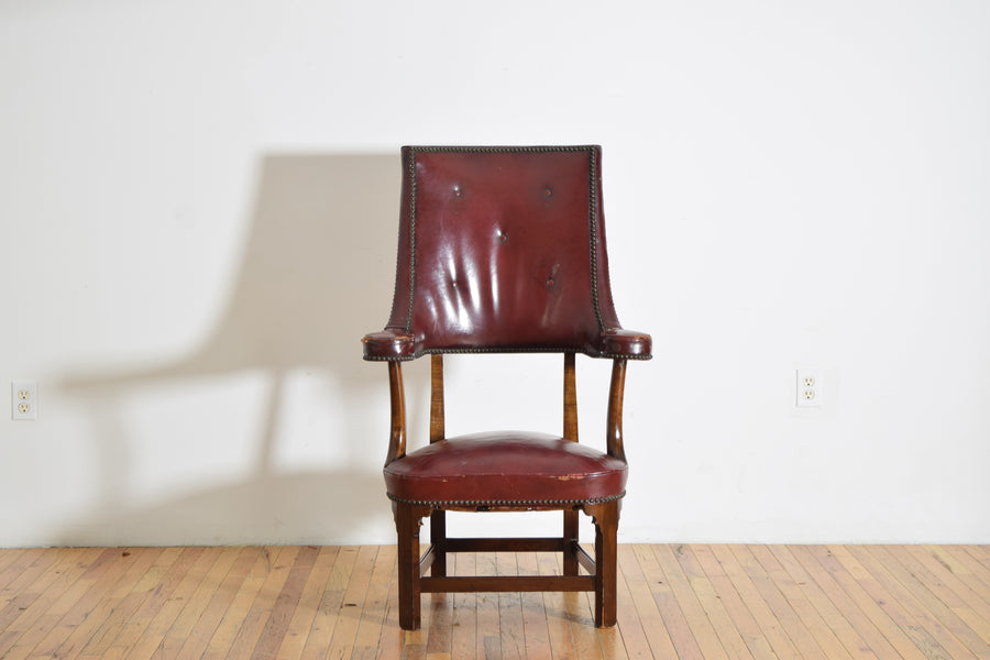 Tall Back Mahogany and Tufted Naugahyde Upholstered Armchair