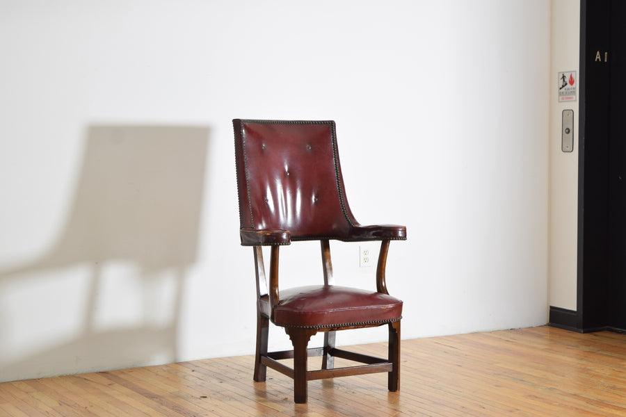 Tall Back Mahogany and Tufted Naugahyde Upholstered Armchair