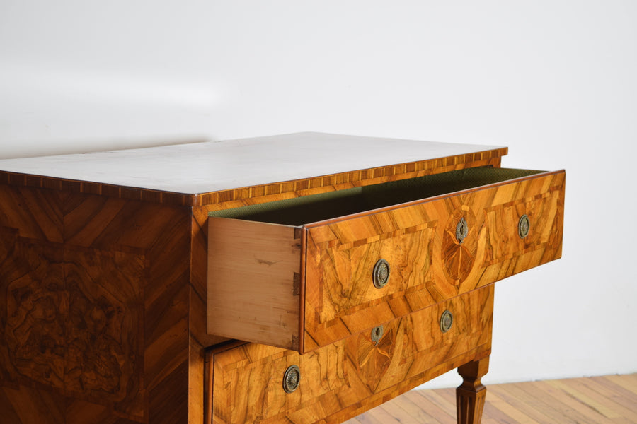 Pair of Boldly Veneered 2-Drawer Commodes