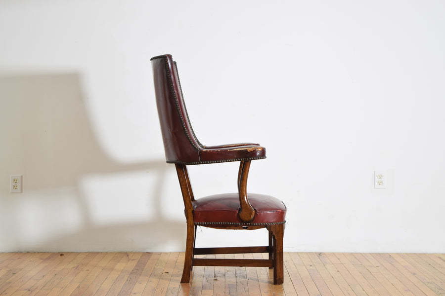 Tall Back Mahogany and Tufted Naugahyde Upholstered Armchair