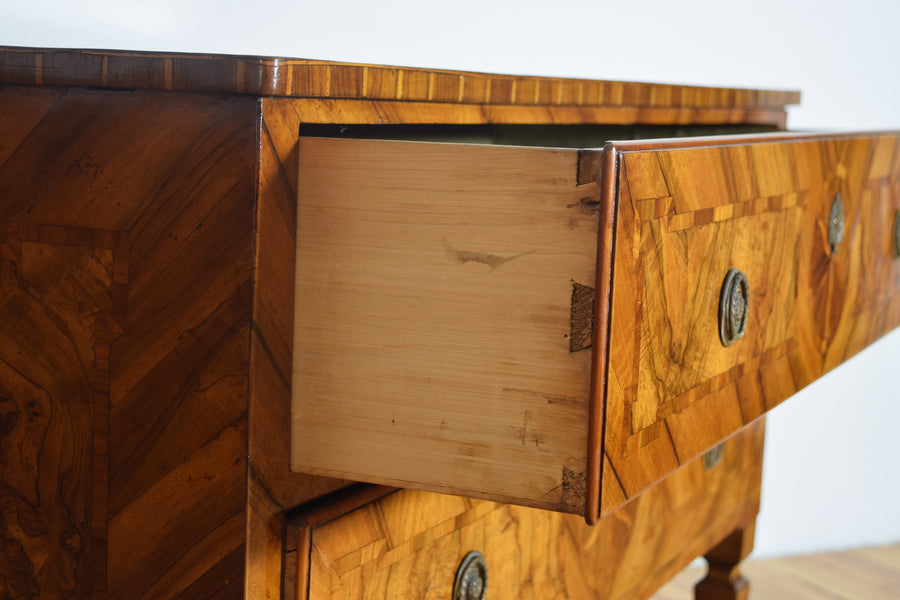 Pair of Boldly Veneered 2-Drawer Commodes