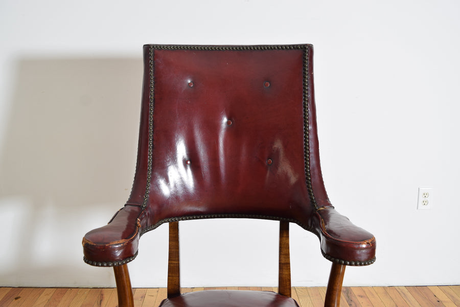 Tall Back Mahogany and Tufted Naugahyde Upholstered Armchair