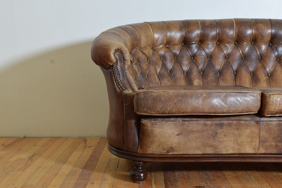 Tufted Leather 3-Cushion Sofa