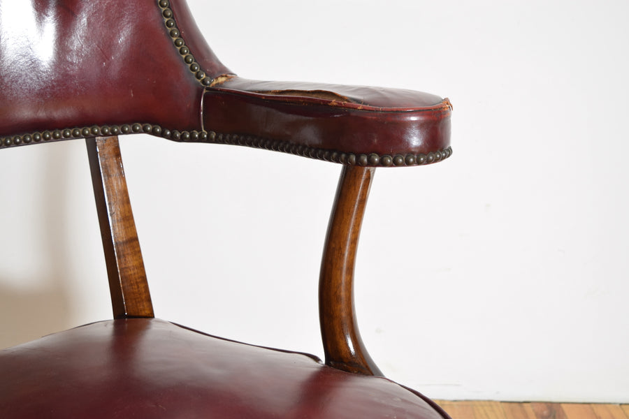 Tall Back Mahogany and Tufted Naugahyde Upholstered Armchair