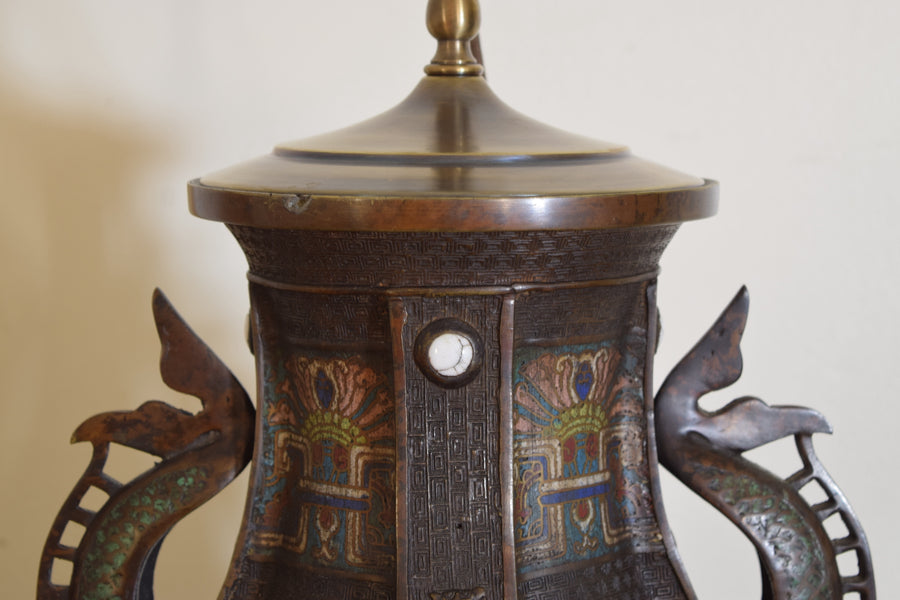 Cloisonne Dragon Handle Vase Mounted as a Table Lamp