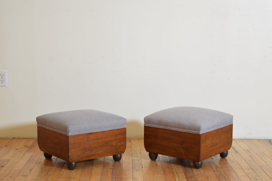 Pair of Walnut and Upholstered Footstools