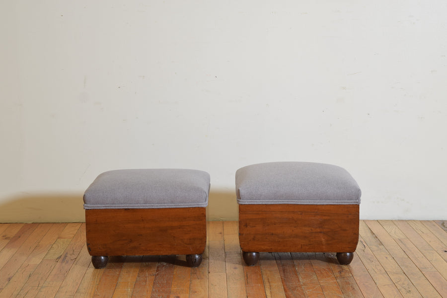 Pair of Walnut and Upholstered Footstools