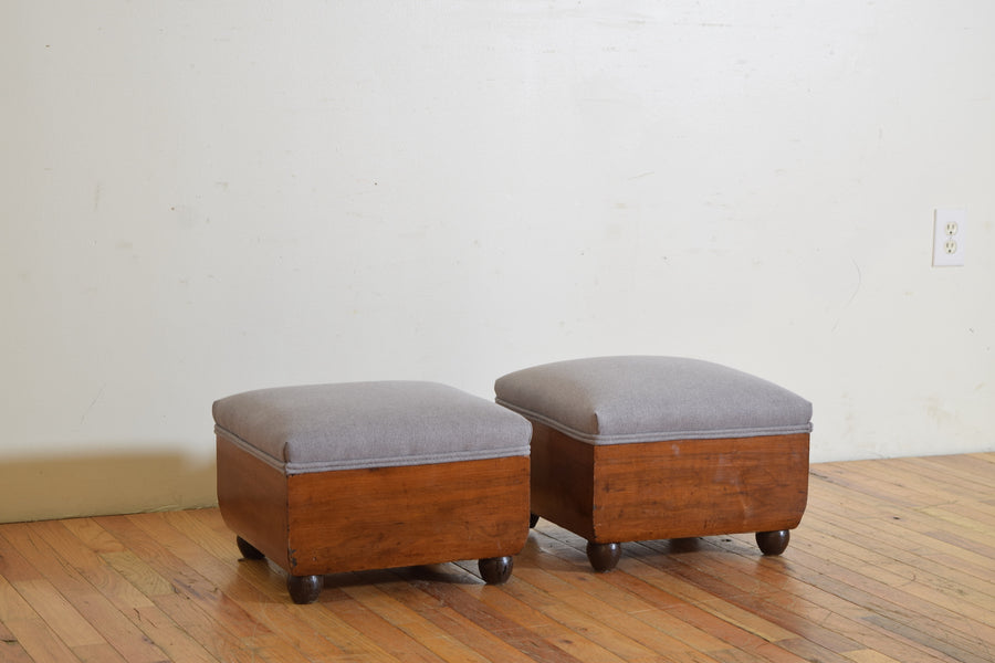 Pair of Walnut and Upholstered Footstools