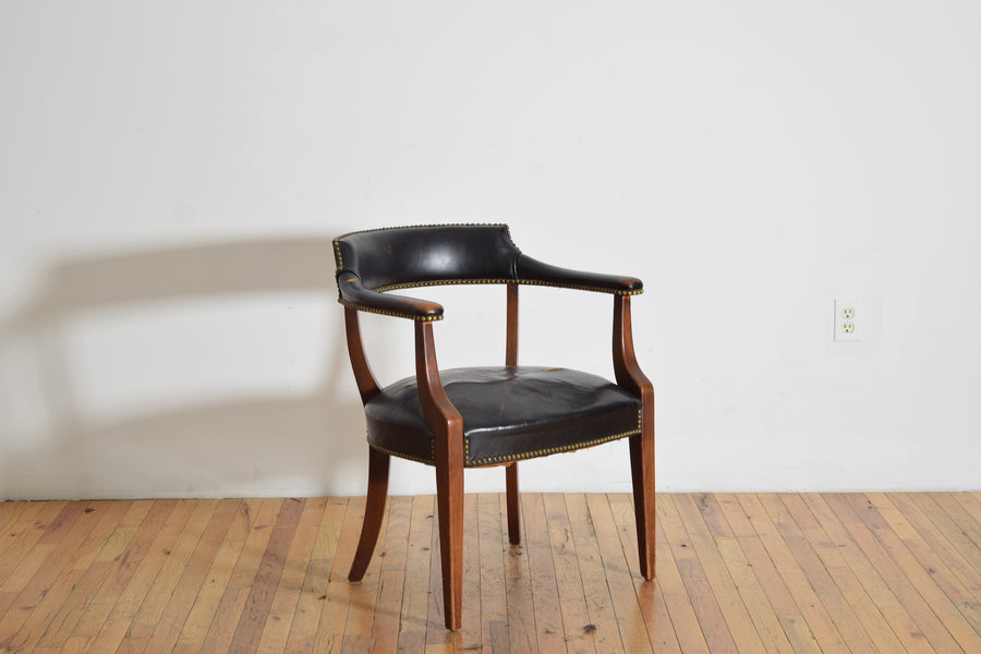 Mahogany and Leather Upholstered Barrel-Back Armchair