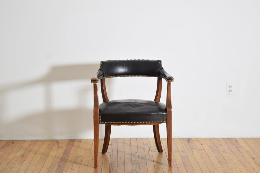 Mahogany and Leather Upholstered Barrel-Back Armchair