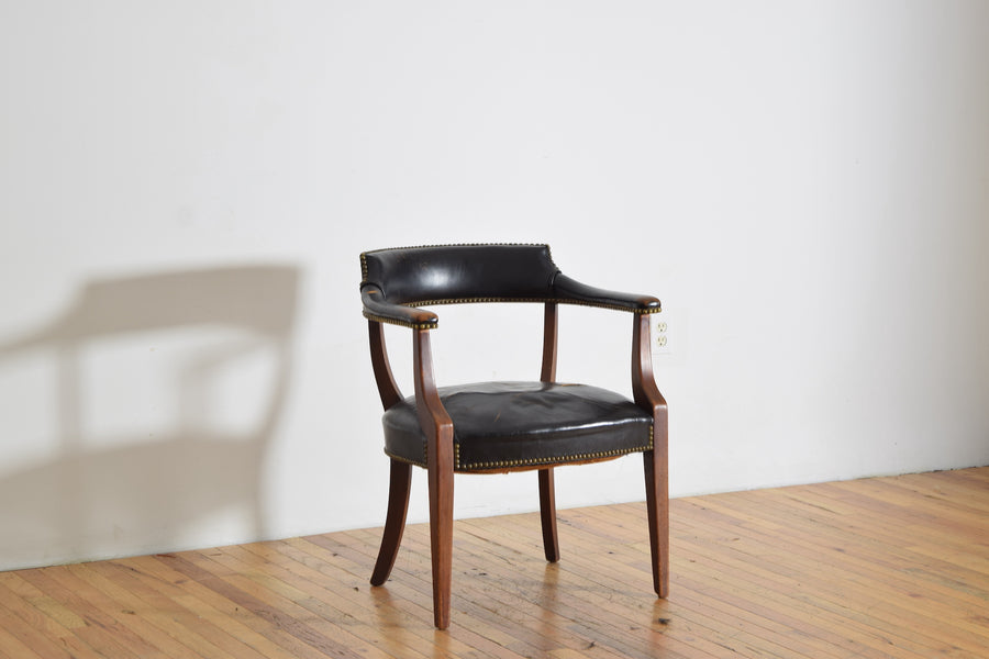 Mahogany and Leather Upholstered Barrel-Back Armchair