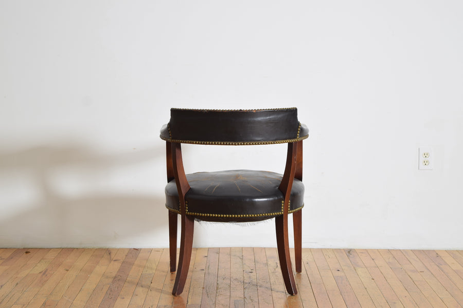 Mahogany and Leather Upholstered Barrel-Back Armchair
