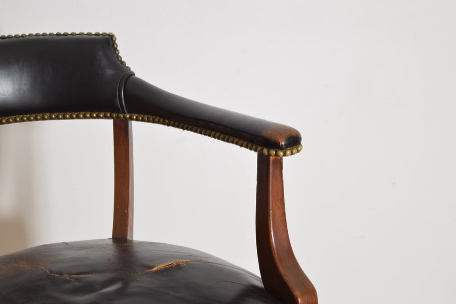 Mahogany and Leather Upholstered Barrel-Back Armchair