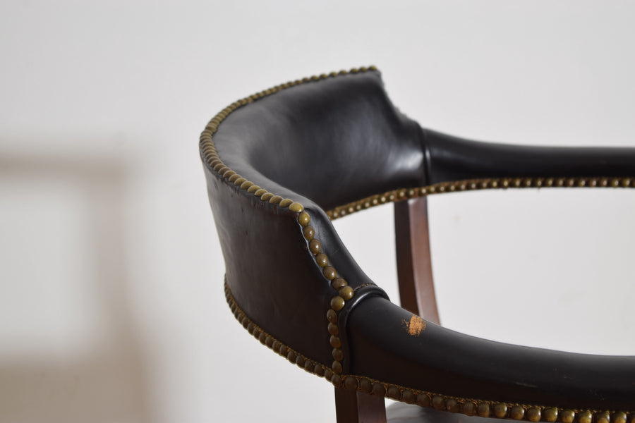 Mahogany and Leather Upholstered Barrel-Back Armchair