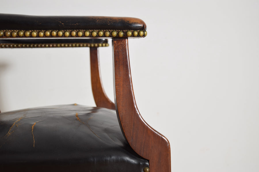 Mahogany and Leather Upholstered Barrel-Back Armchair
