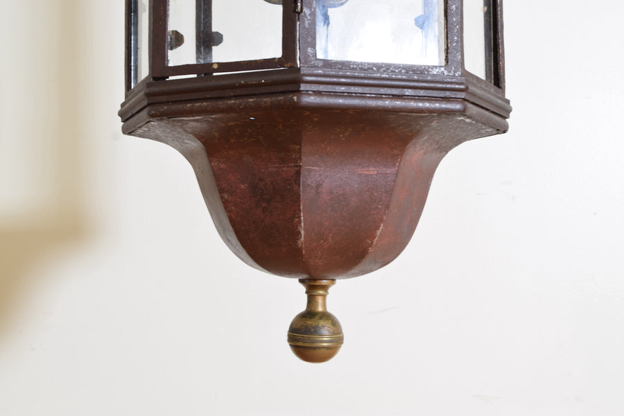 Painted Metal, Brass, and Glass Tall Octagonal Lantern
