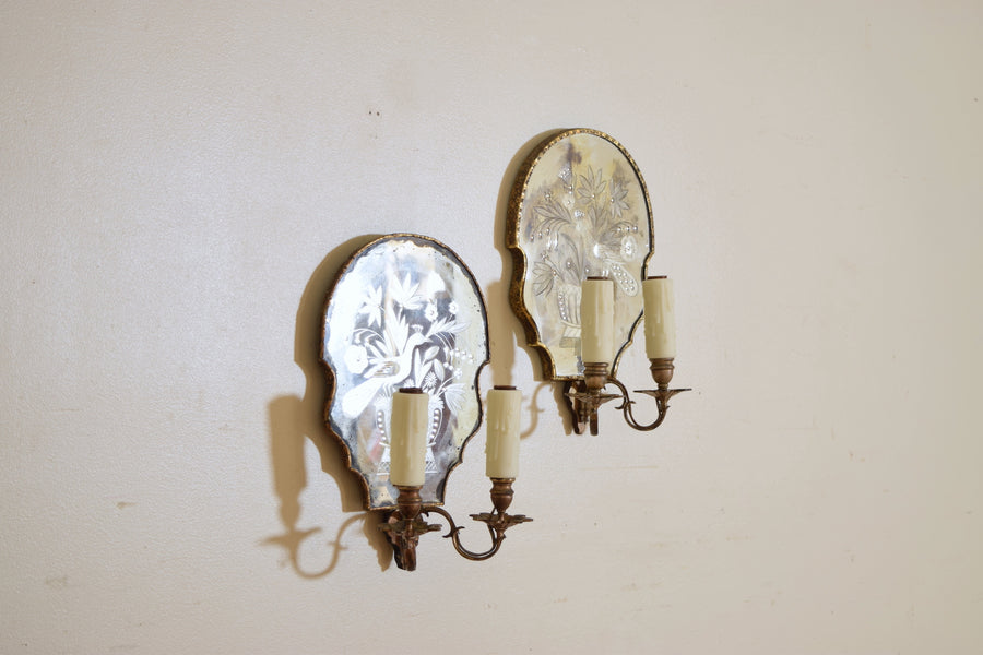 Pair of Caldwell & Co. Etched Mirrored 2-Light Sconces