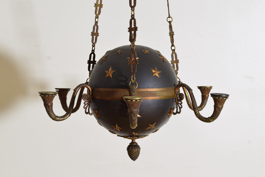 Patinated Metal and Bronze 6-light Celestial Globe Chandelier