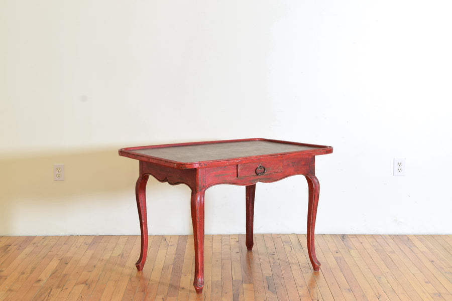 Shaped and Red Painted Walnut 1-Drawer Table