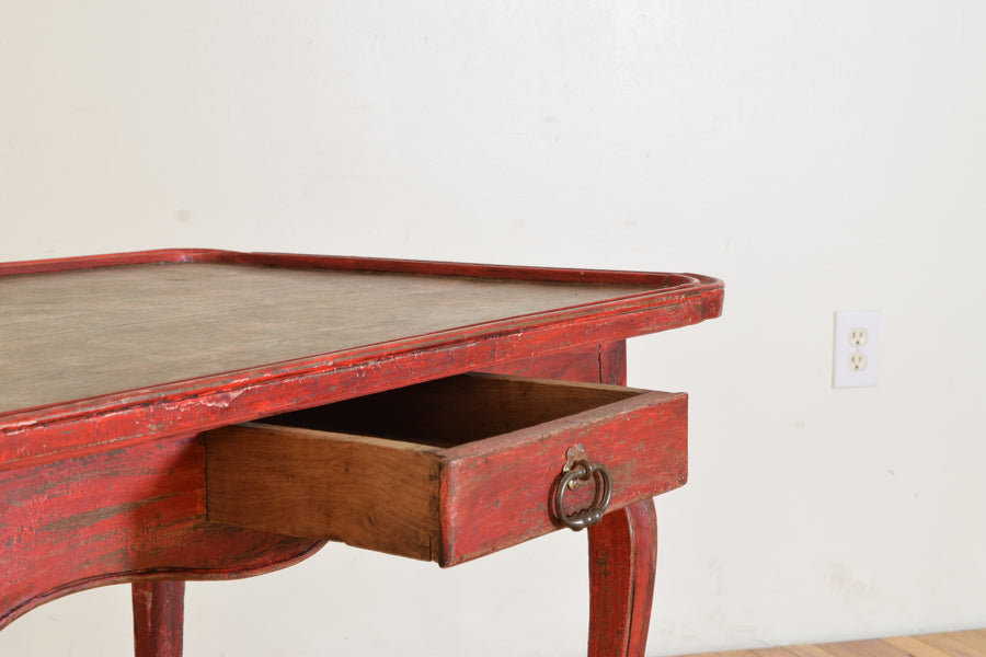 Shaped and Red Painted Walnut 1-Drawer Table