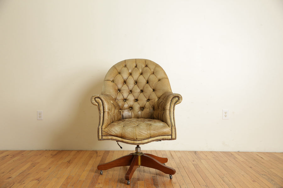 Tufted Leather and Mahogany Swivel and Tilt Desk Bergere