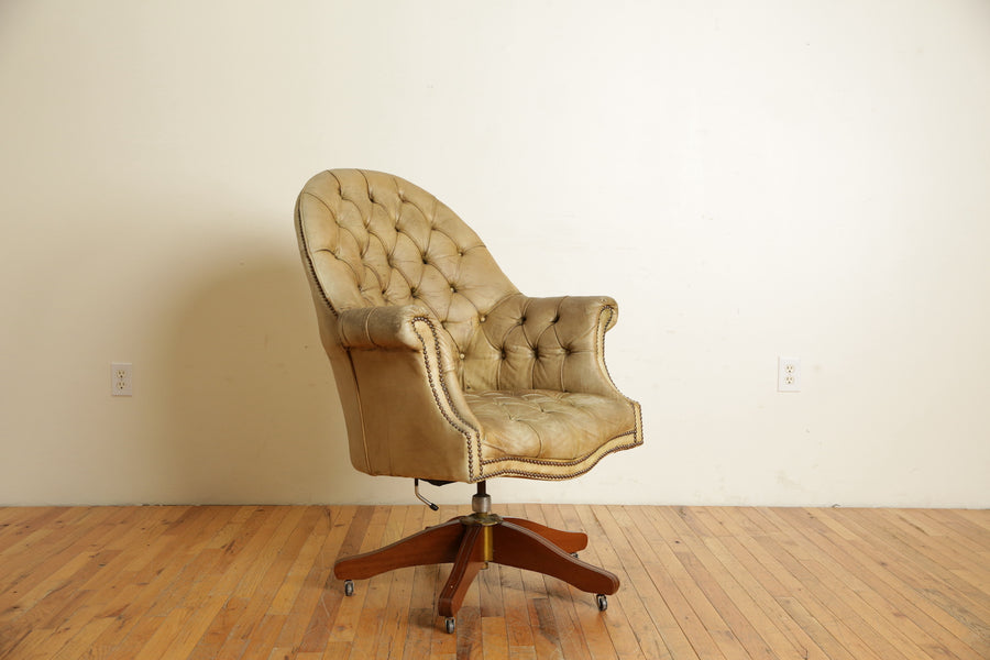 Tufted Leather and Mahogany Swivel and Tilt Desk Bergere