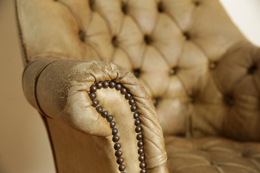 Tufted Leather and Mahogany Swivel and Tilt Desk Bergere