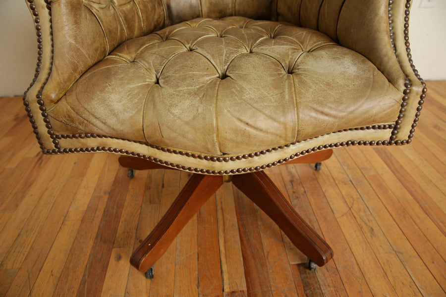 Tufted Leather and Mahogany Swivel and Tilt Desk Bergere