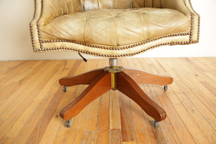 Tufted Leather and Mahogany Swivel and Tilt Desk Bergere