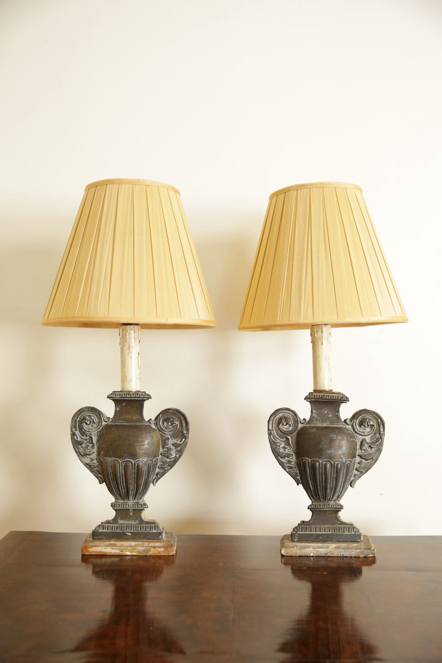 Pair of Silvered Brass Urn-Form Table Lamps