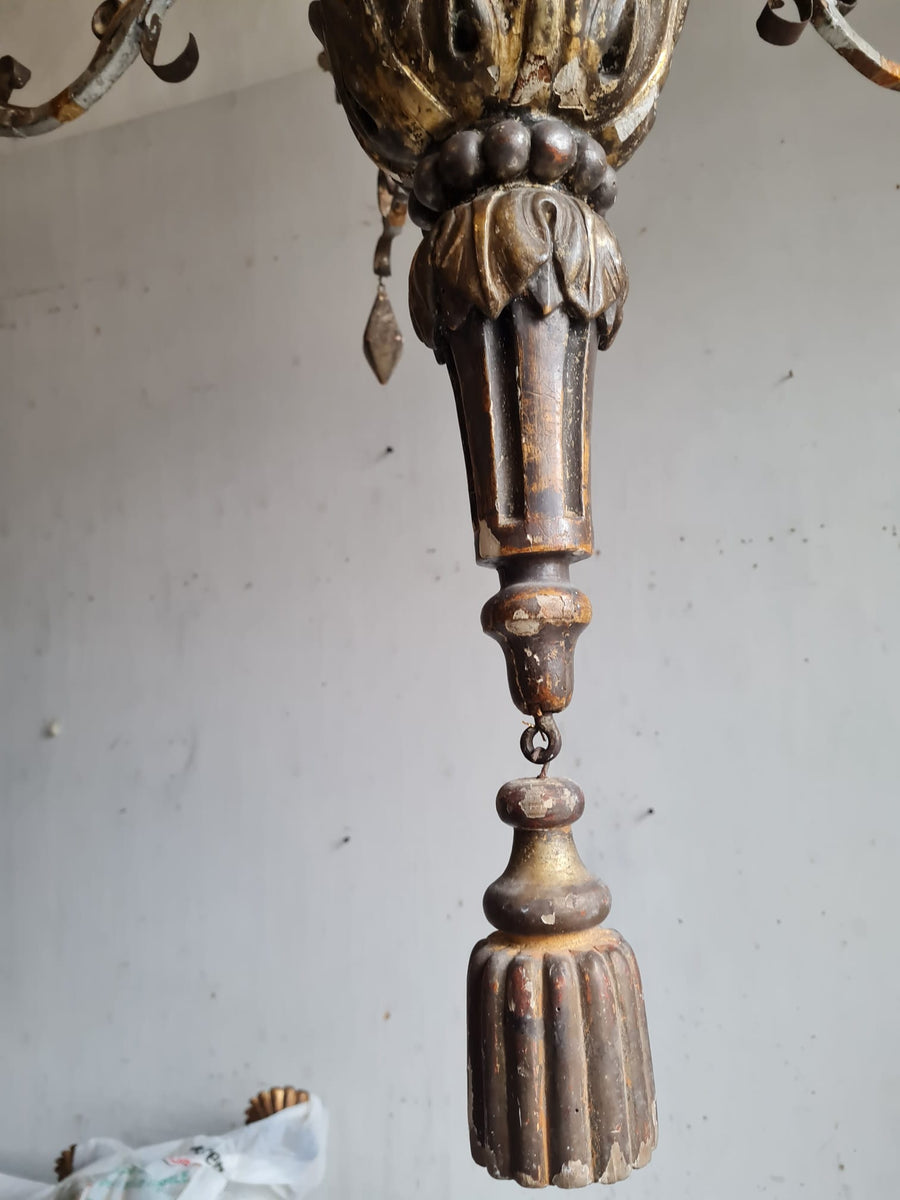 Carved Wood and Iron 6-Light Chandelier