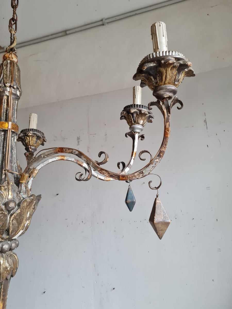Carved Wood and Iron 6-Light Chandelier