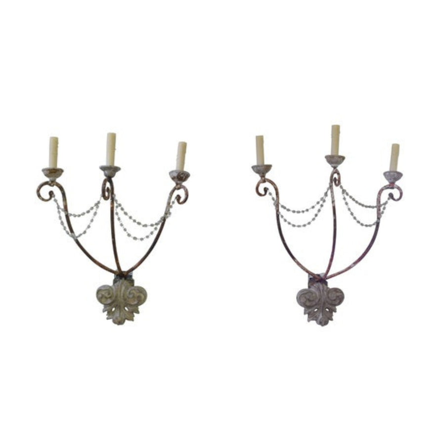 Pair of Painted Iron and Carved Wood 3-Light Sconces