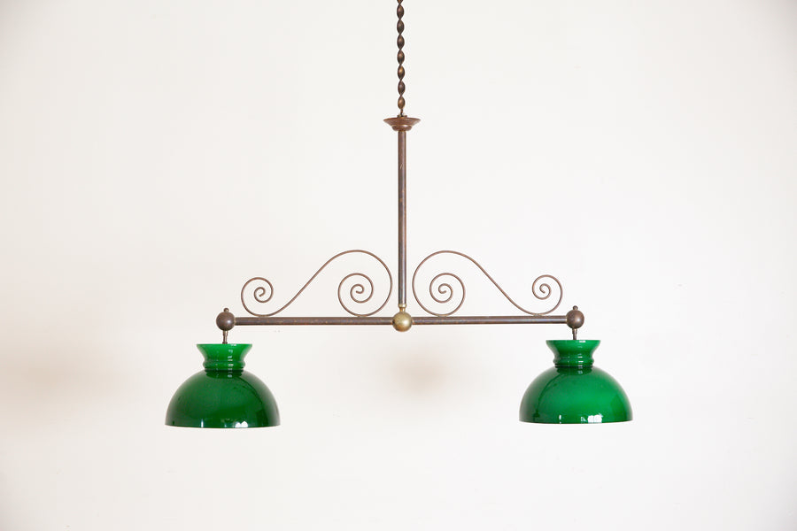 Brass and Green Glass 2-Light Billiards Fixture