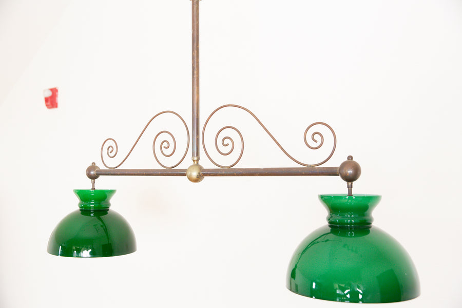 Brass and Green Glass 2-Light Billiards Fixture