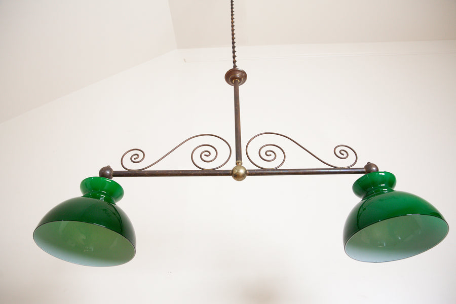 Brass and Green Glass 2-Light Billiards Fixture