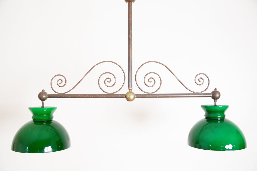 Brass and Green Glass 2-Light Billiards Fixture