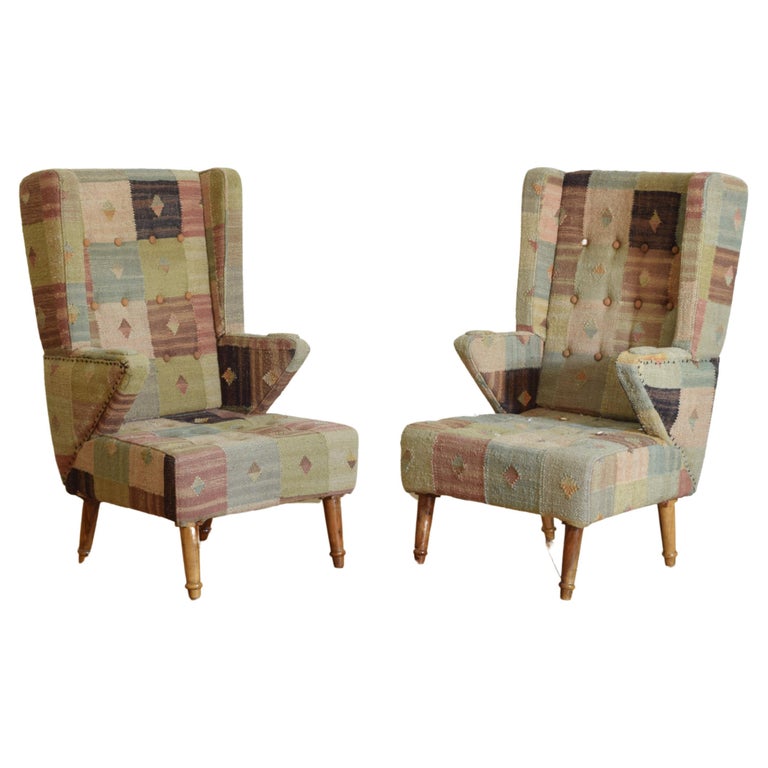 Pair of Light Walnut and Kilim Upholstered Bergeres