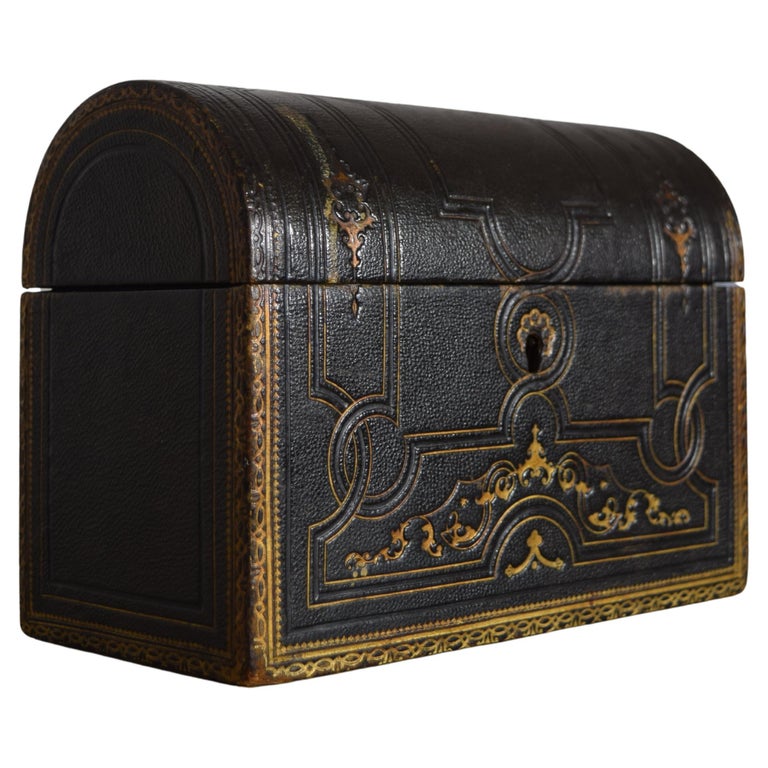 Black Leather and Gilt Decorated Domed Box